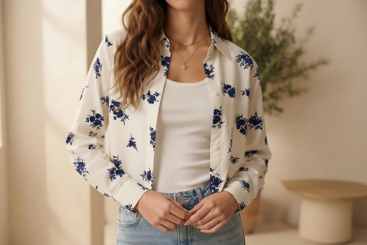 Casual Cotton rayon crop shirt top, and inner set.Two piece layering set, overshirt and inner tank top