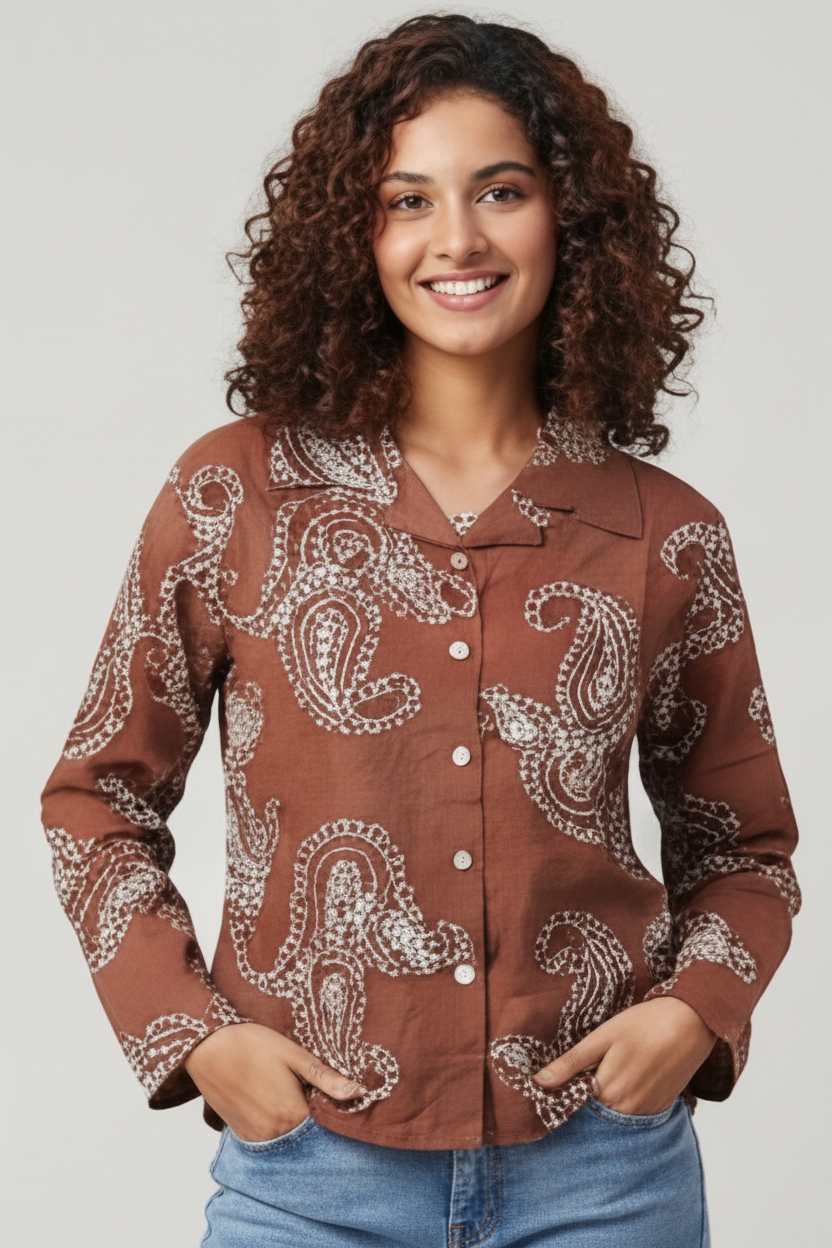 Women Paisley and chain-stitch embroidered pattern Collared Shirt