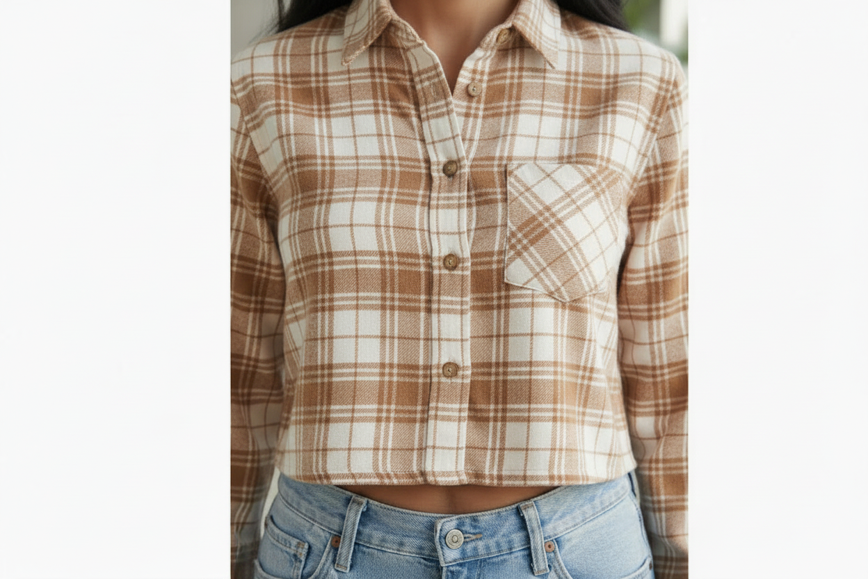 Women Casual Checkered print Crop Shirt top & Inner Set