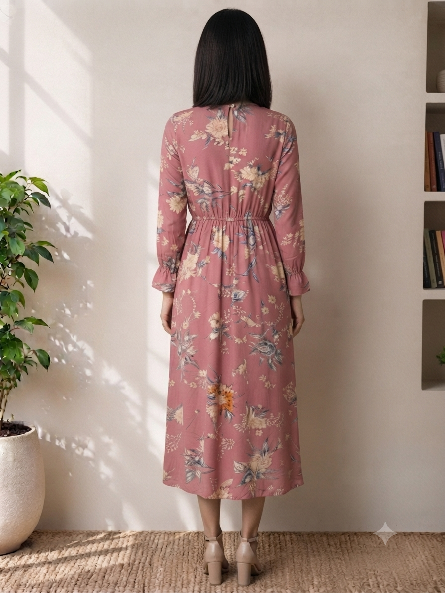 omen Casual Blush Floral Print Crepe Midi Dress