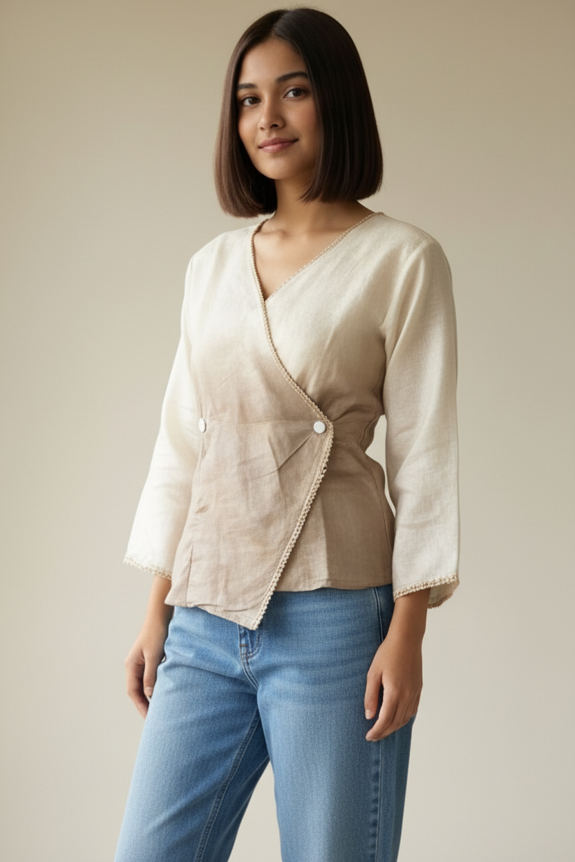 Women Casual Imported Fabric V neck -Line Lace Trim Wrap Top