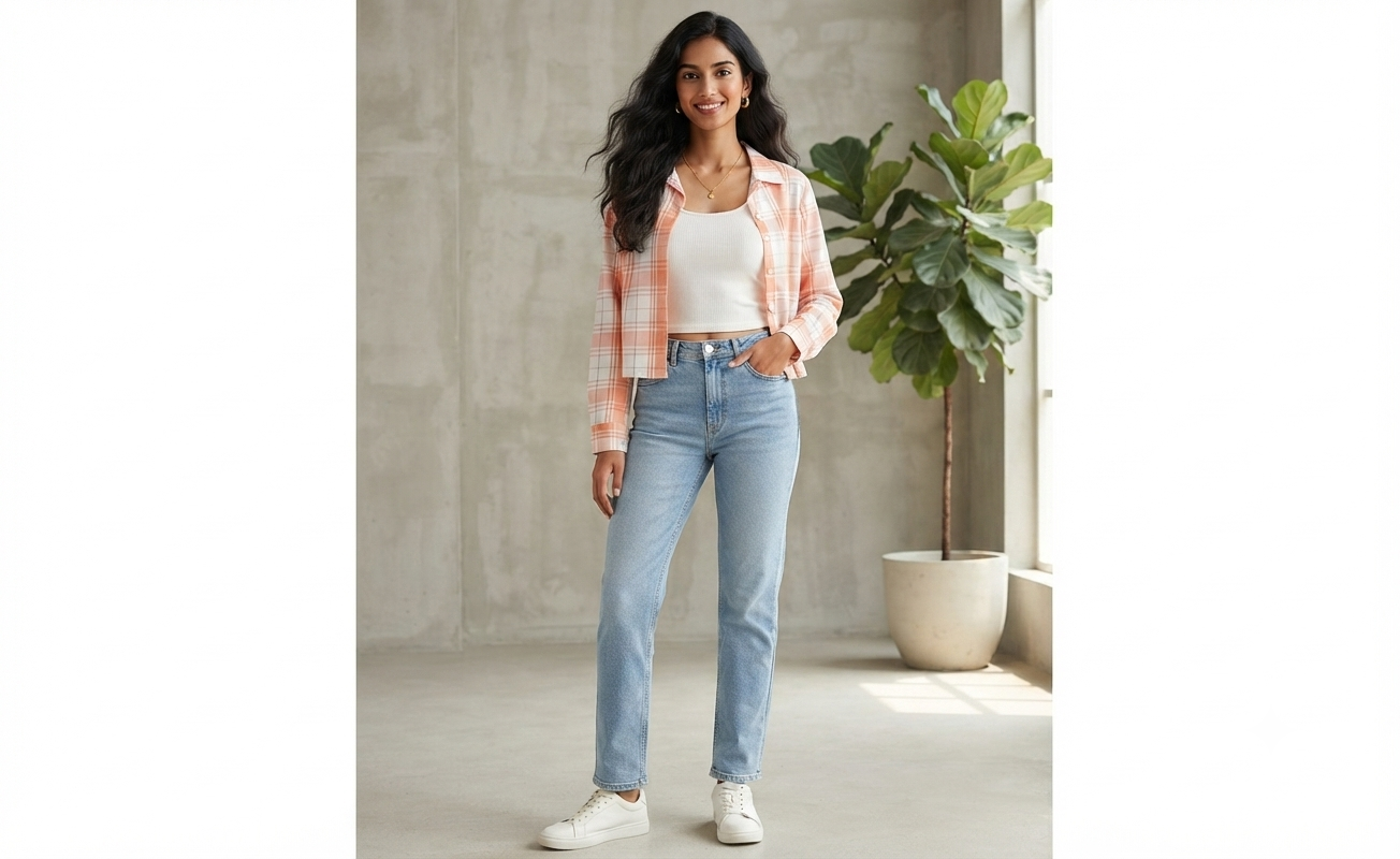 Women Casual Checkered print Crop Shirt top & Inner Set