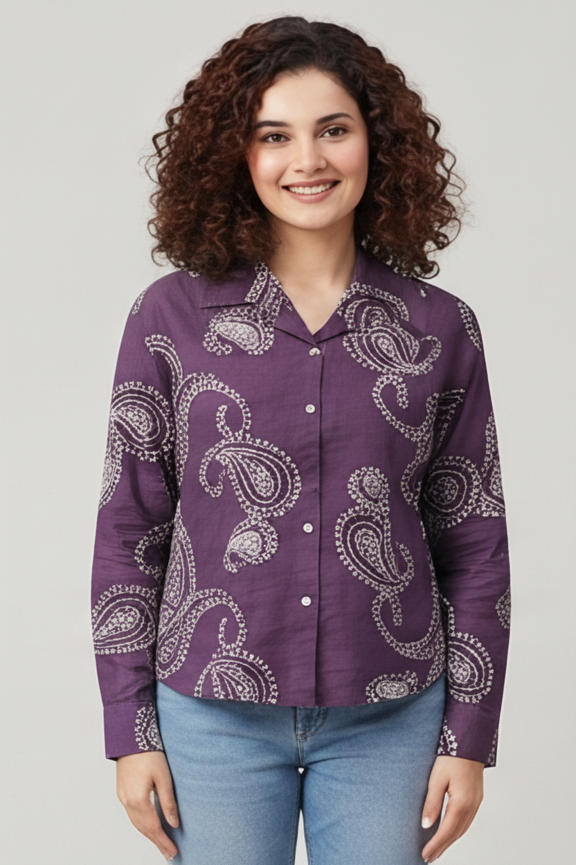 Women Paisley and chain-stitch embroidered pattern Collared Shirt