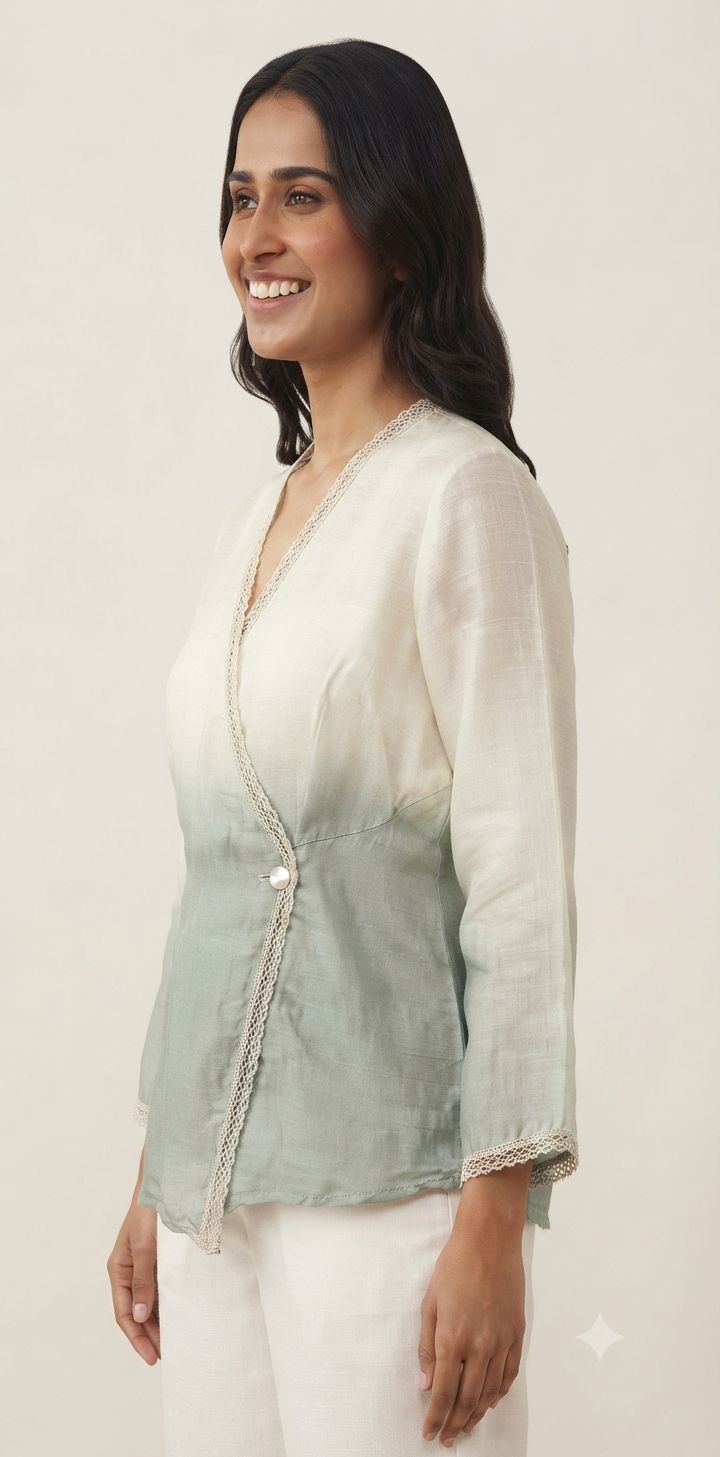 Casual Imported Fabric V neck -Line Lace Trim Wrap Top