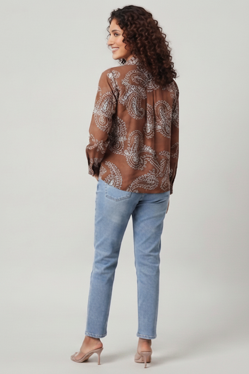 Women Paisley and chain-stitch embroidered pattern Collared Shirt