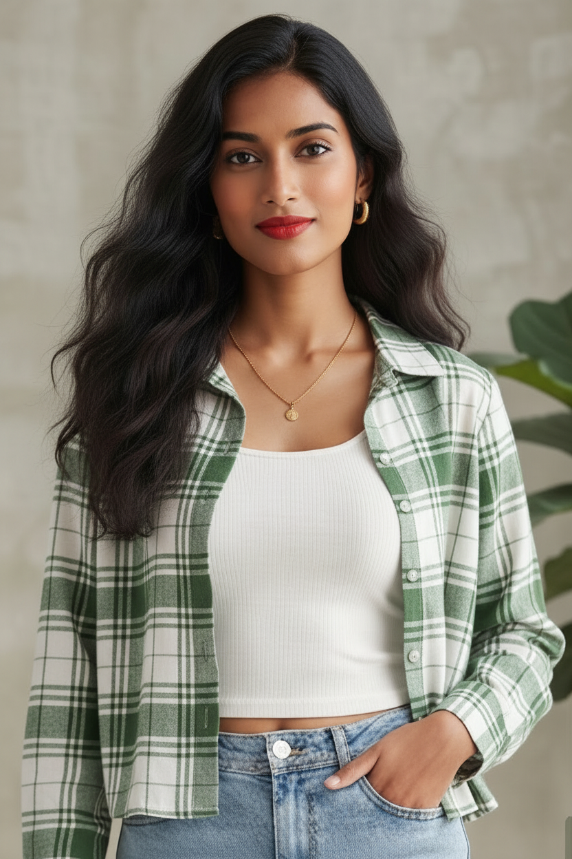 Women Casual Checkered print Crop Shirt top & Inner Set