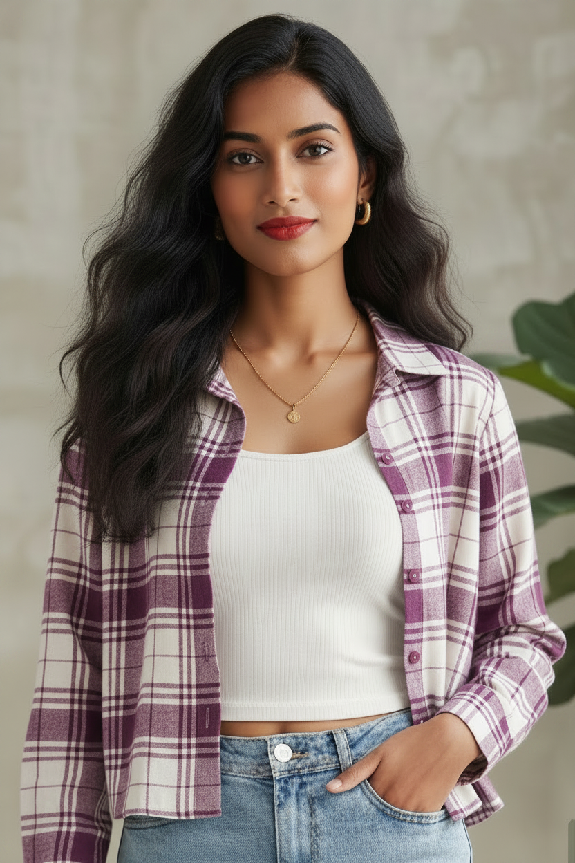 Women Casual Checkered print Crop Shirt top & Inner Set