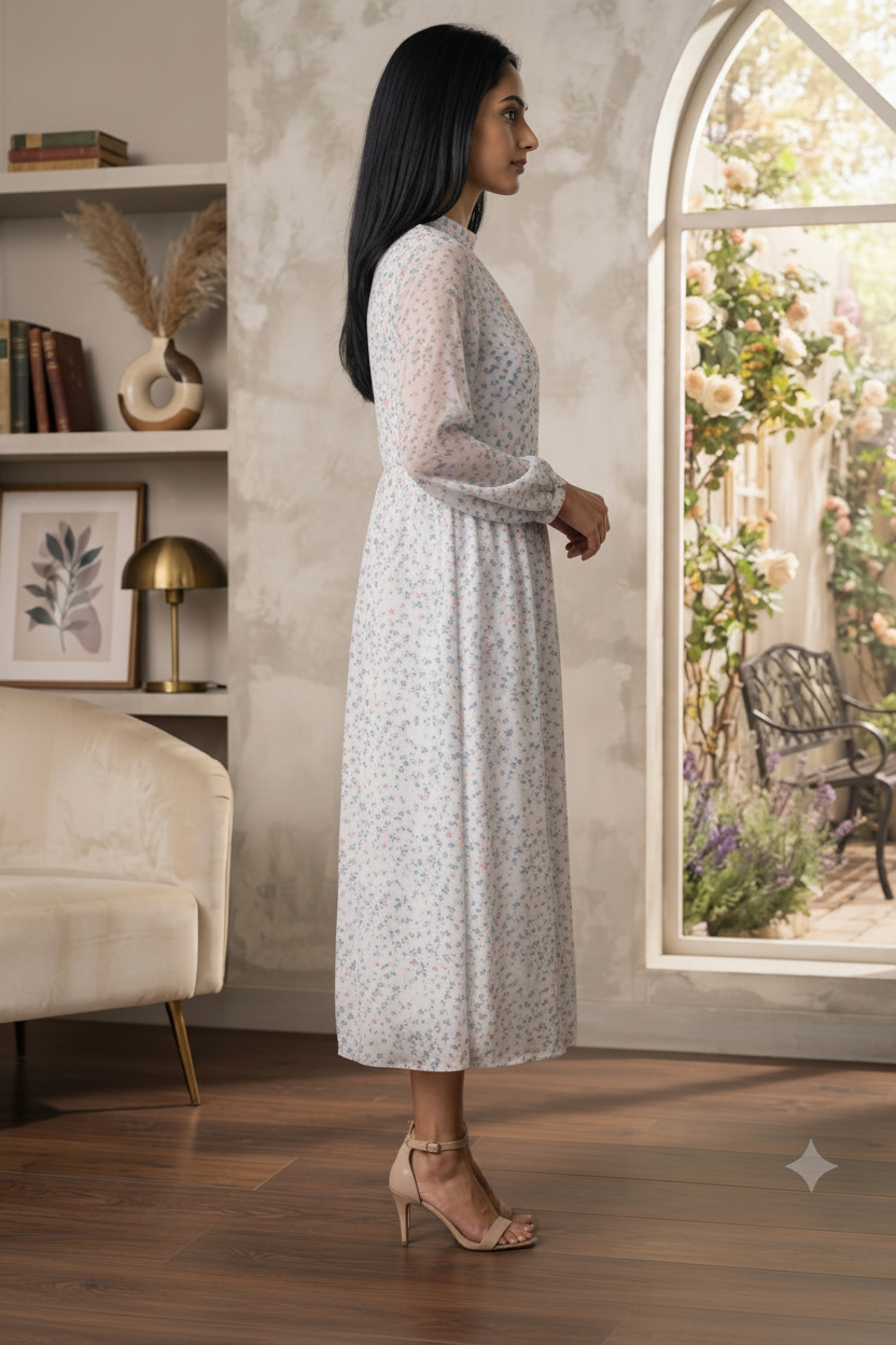 Women Casual Ethereal White & Blue Heart-Print Chiffon Midi Dress