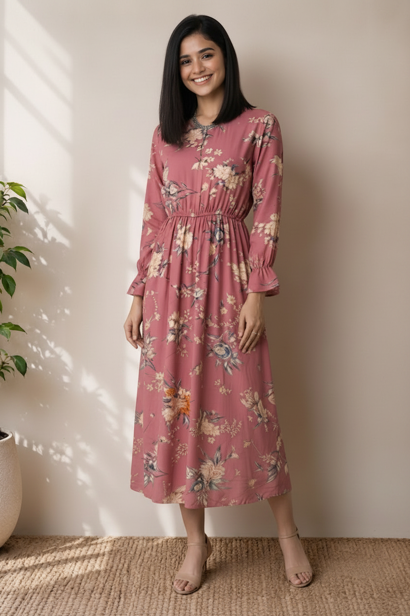 omen Casual Blush Floral Print Crepe Midi Dress