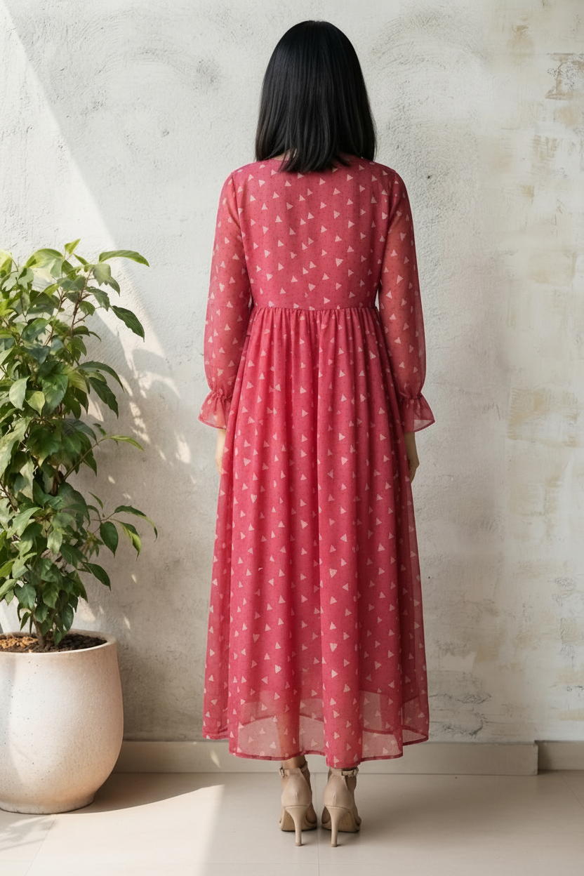 Women Casual Sweetheart Pink Heart-Print Chiffon Midi/ Long Dress
