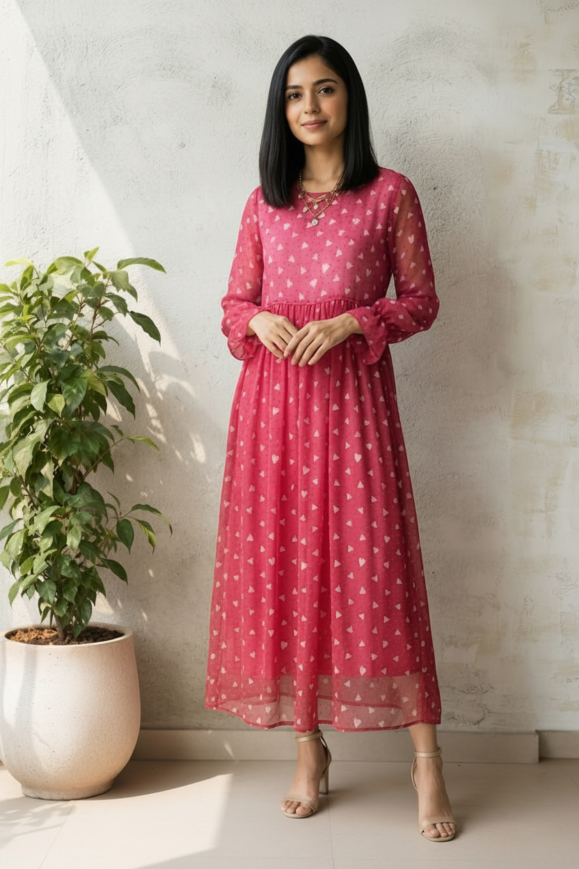 Women Casual Sweetheart Pink Heart-Print Chiffon Midi/ Long Dress