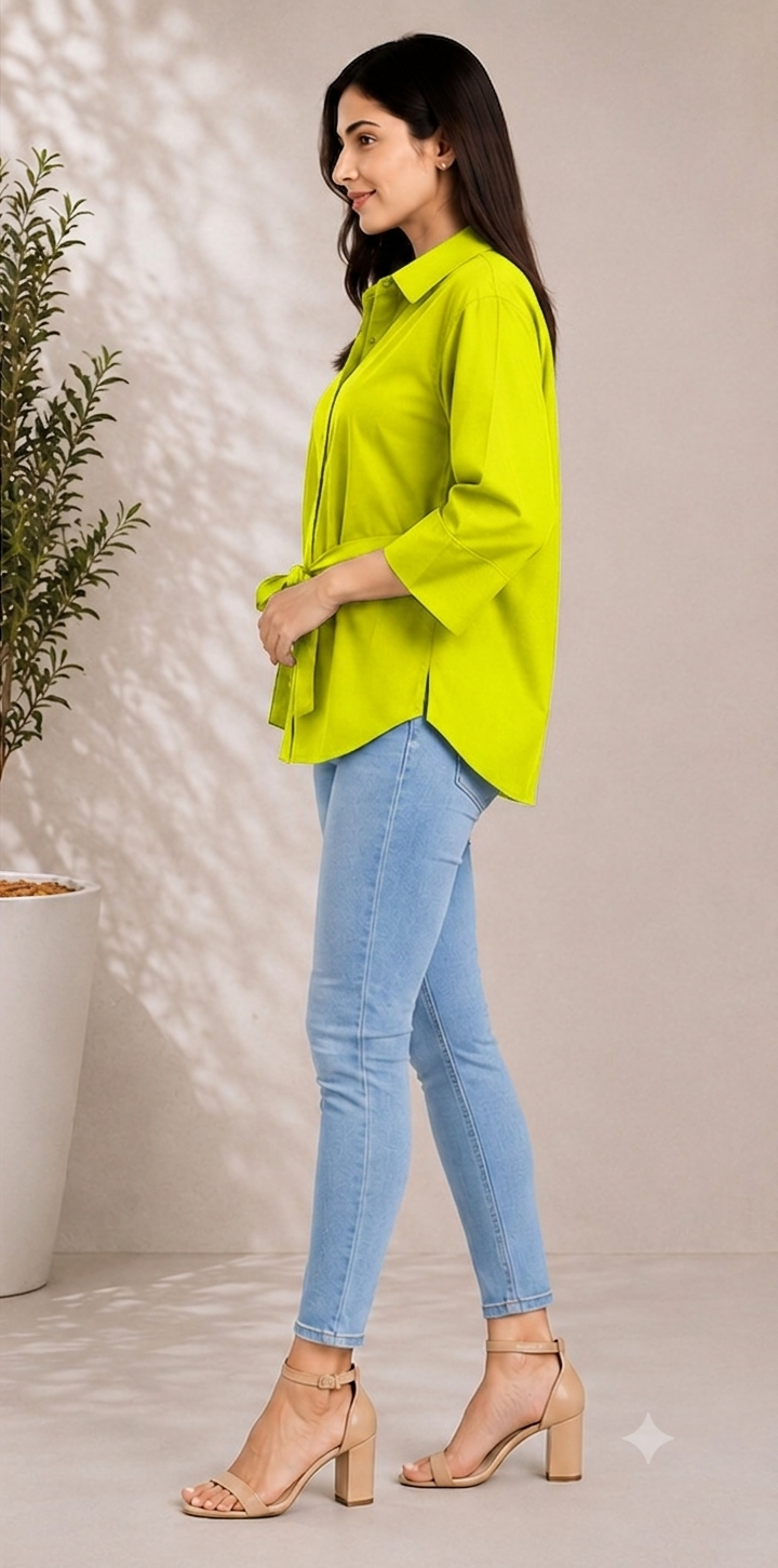 Women classic cotton collar shirt with Tie-Waist