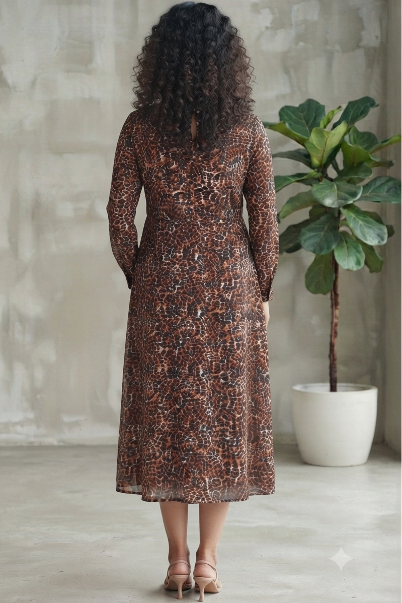 Women Casual Chic Leopard Print Long Dress with Tassel Drawstring