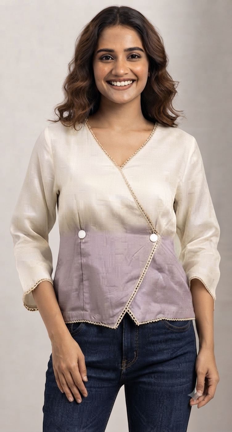 Casual Imported Fabric V neck -Line Lace Trim Wrap Top