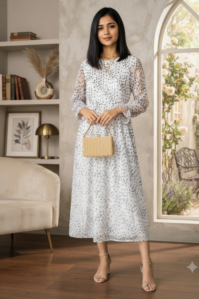 Women Casual Ethereal White & Blue Heart-Print Chiffon Midi Dress