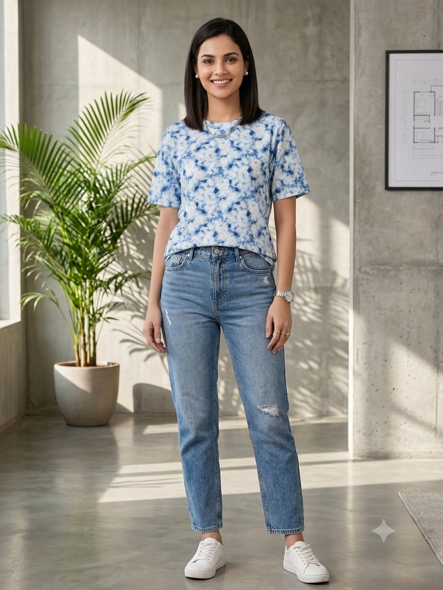 Women Printed Round Neck Cotton Blend White and Blue T-Shirt