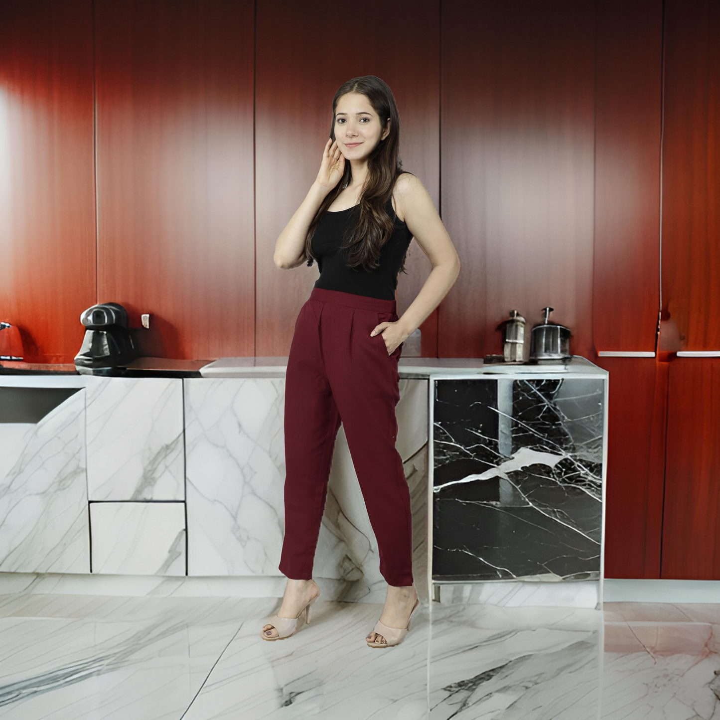 Women Slim Fit Maroon Pure Cotton Trousers