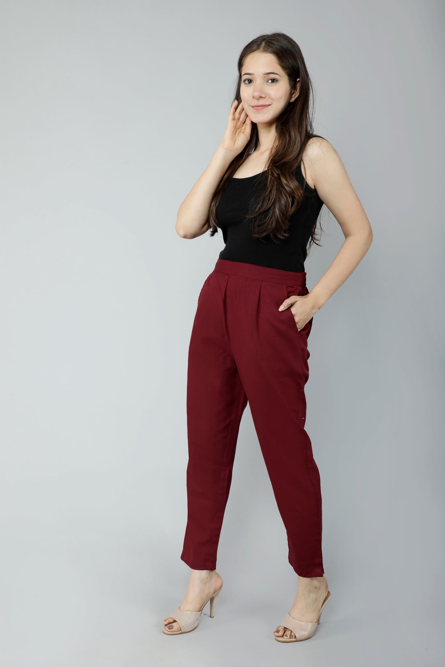 Women Slim Fit Maroon Pure Cotton Trousers