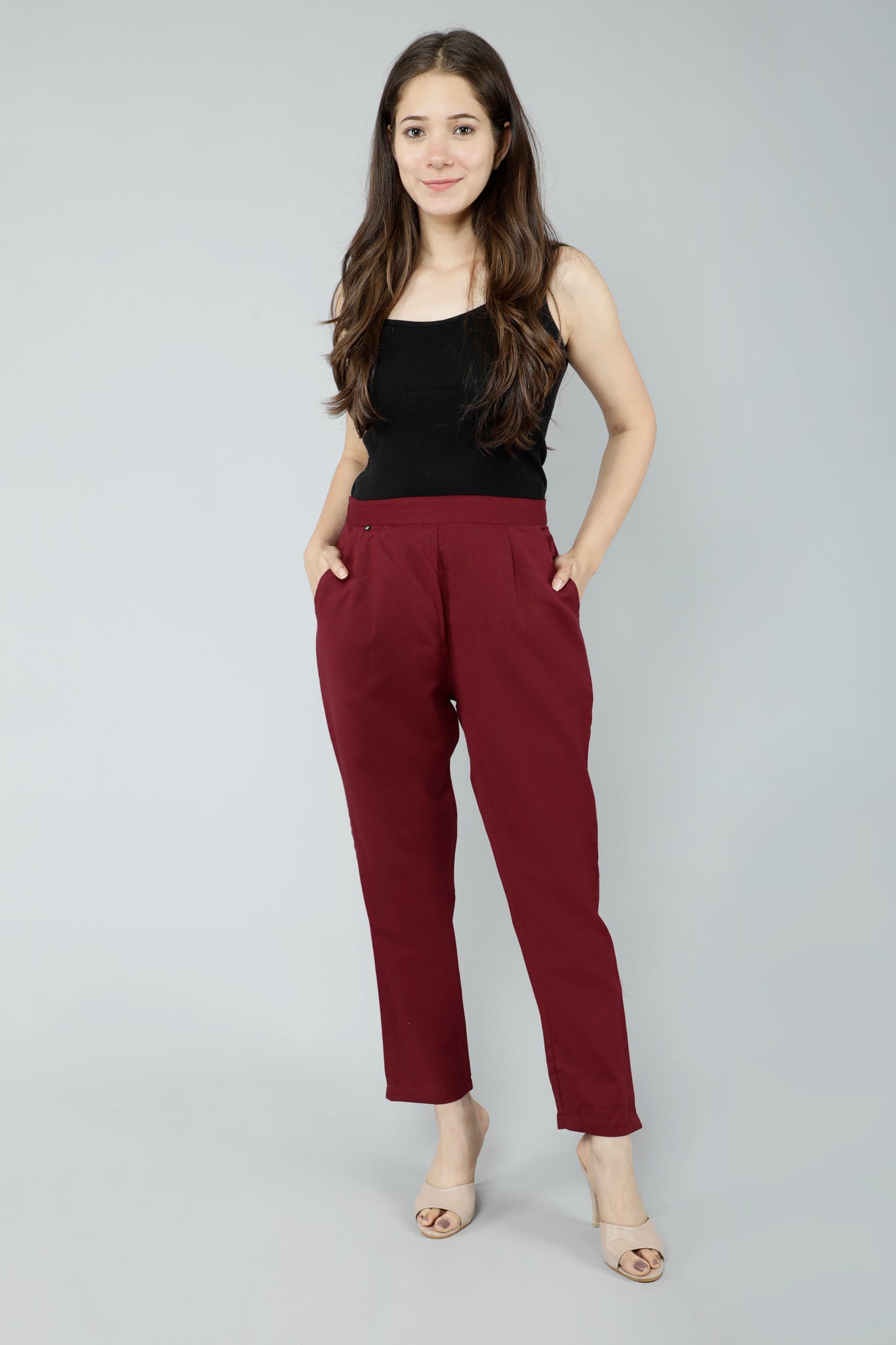 Women Slim Fit Maroon Pure Cotton Trousers