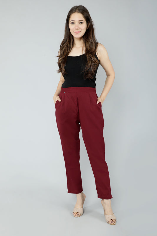 Women Slim Fit Maroon Pure Cotton Trousers