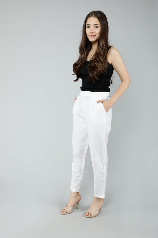 Women Slim Fit White Pure Cotton Trousers