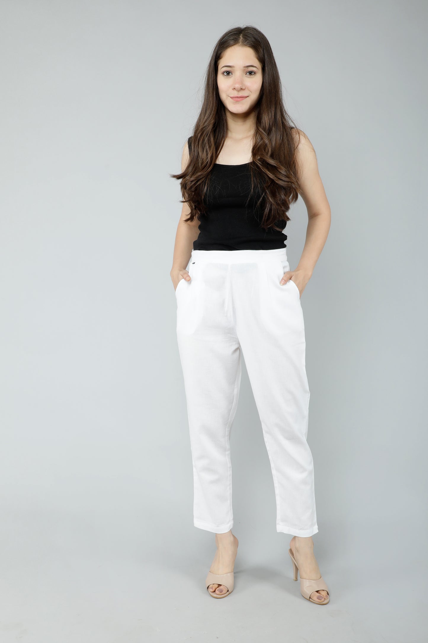 Women Slim Fit White Pure Cotton Trousers