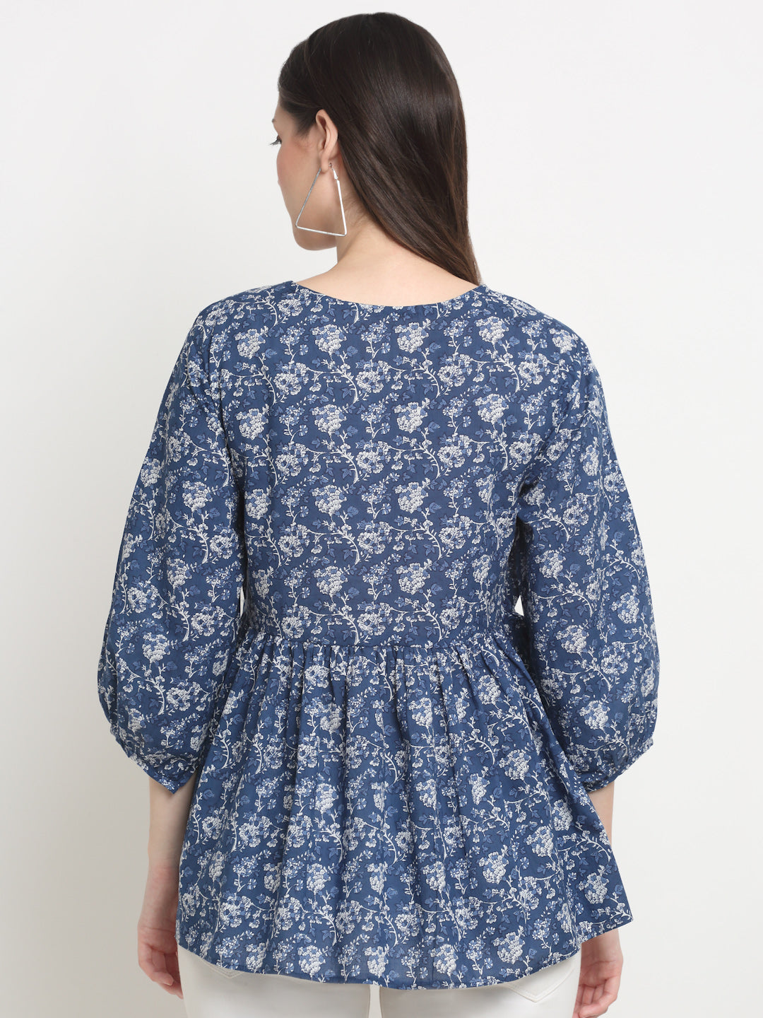 Casual Puff Sleeves Floral Print Women Blue Cotton Top