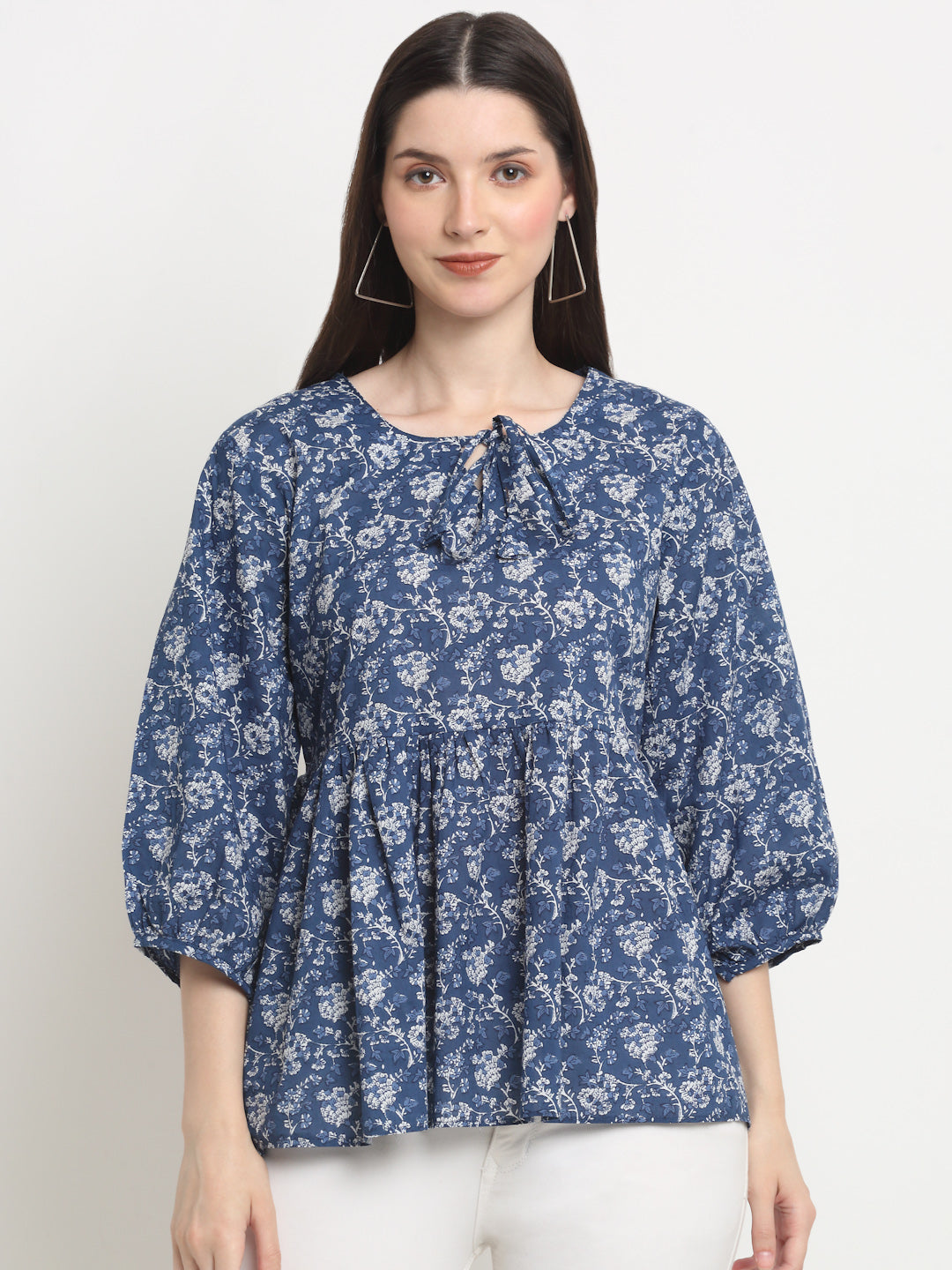 Casual Puff Sleeves Floral Print Women Blue Cotton Top