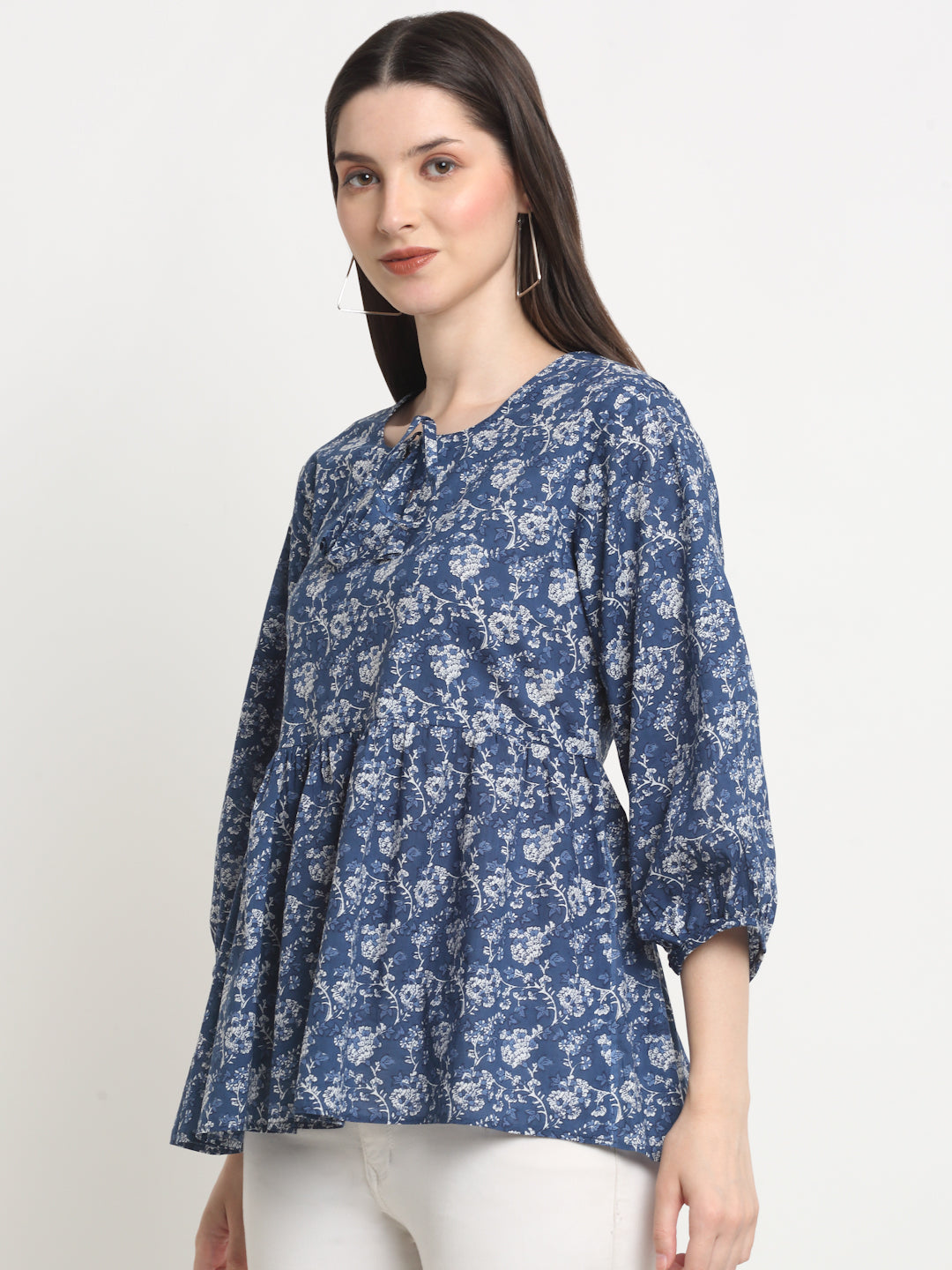 Casual Puff Sleeves Floral Print Women Blue Cotton Top
