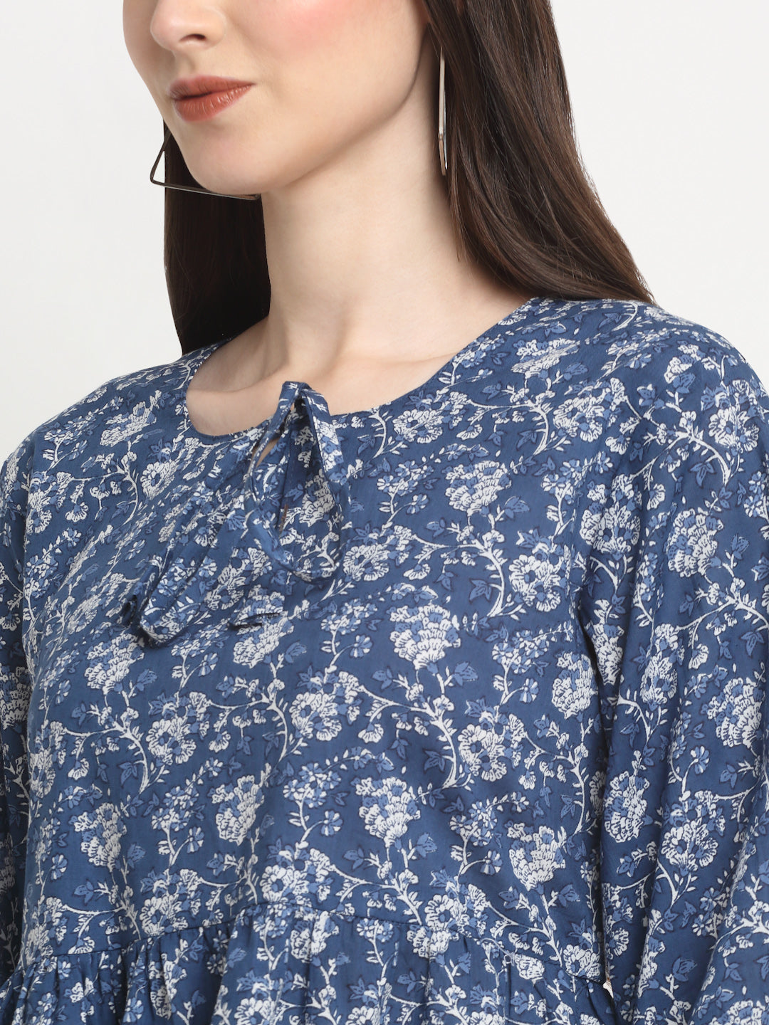 Casual Puff Sleeves Floral Print Women Blue Cotton Top