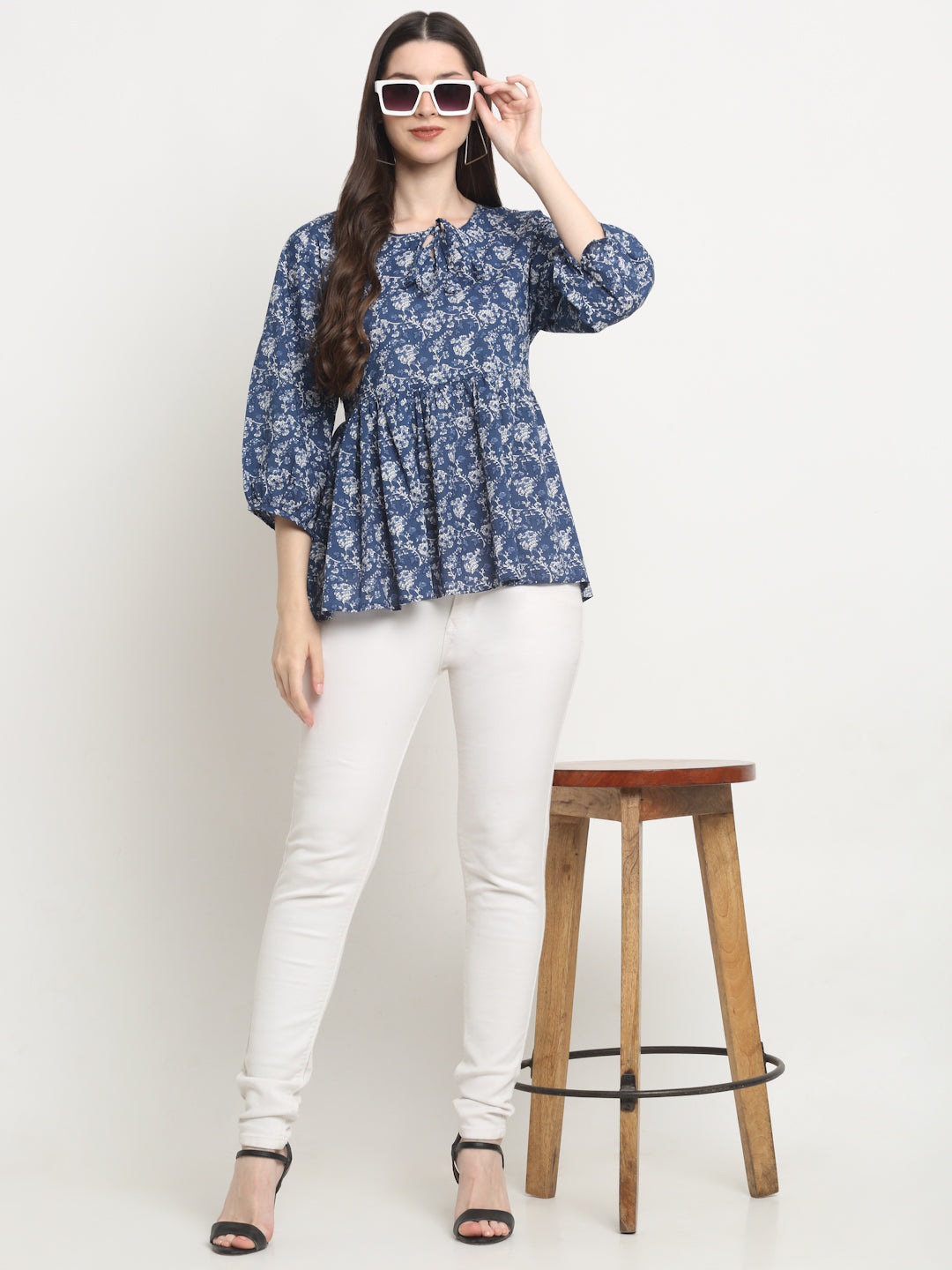 Casual Puff Sleeves Floral Print Women Blue Cotton Top