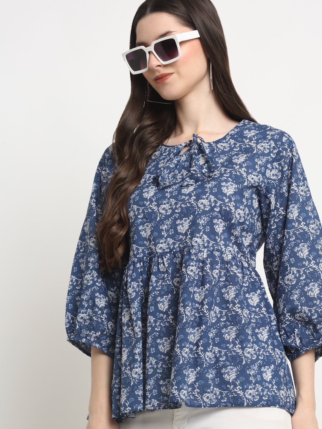 Casual Puff Sleeves Floral Print Women Blue Cotton Top