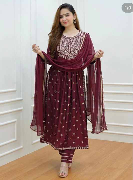 Women Viscose Rayon Ethnic Kurta Pyjama Dupatta Set / Suit Set