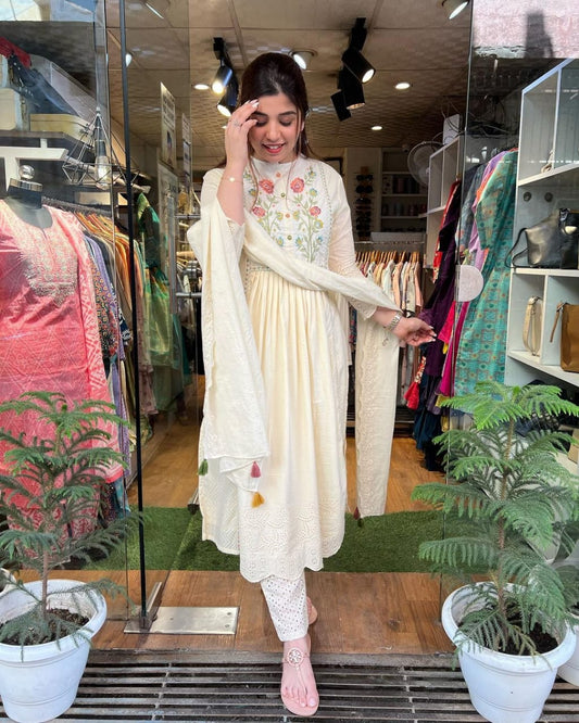 Cotton Embroidered Kurta, Trouser/Pant & Dupatta Set