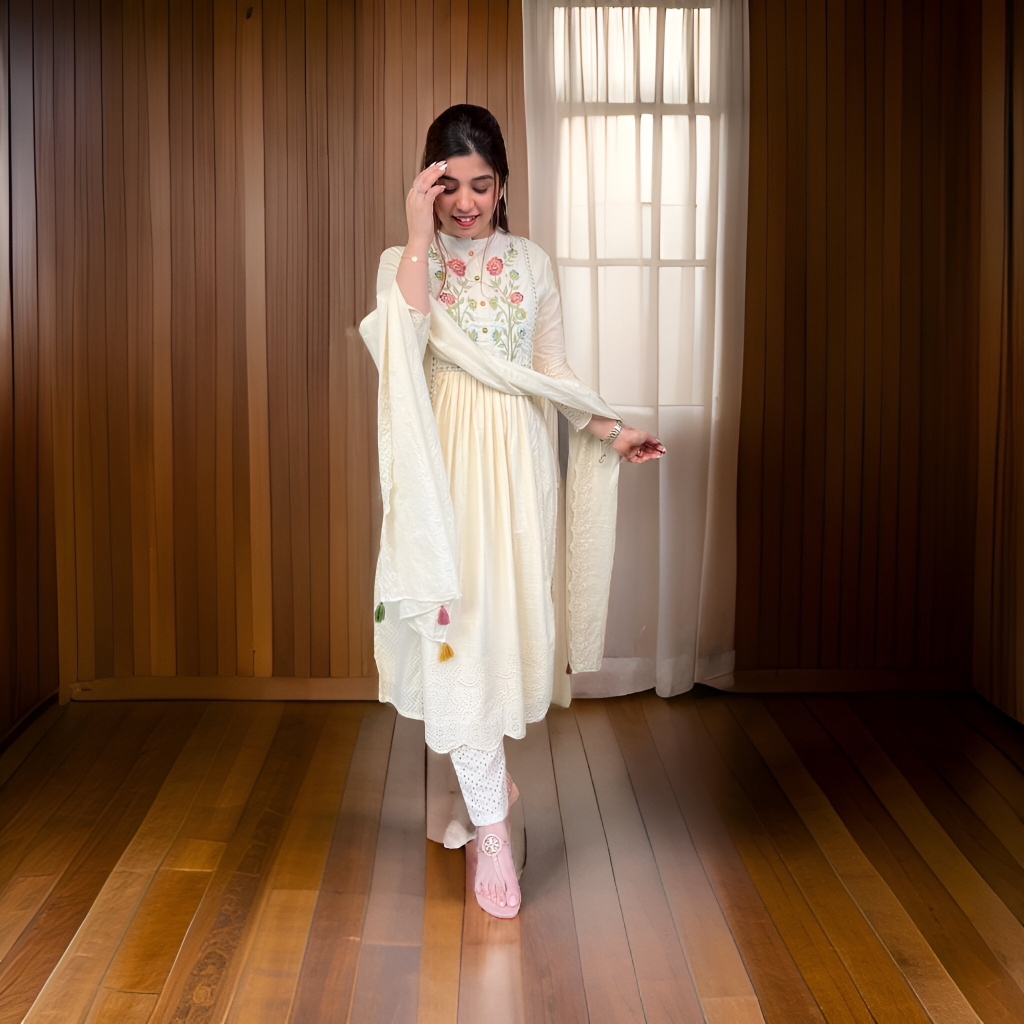Cotton Embroidered Kurta, Trouser/Pant & Dupatta Set