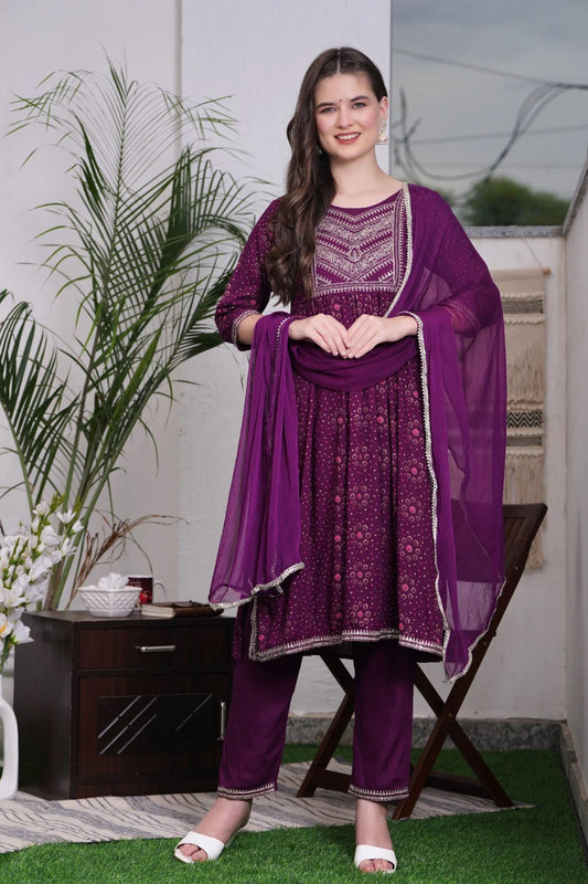 Women Viscose Rayon Side Slit Naira Cut Kurta with  Pant and Dupatta Set