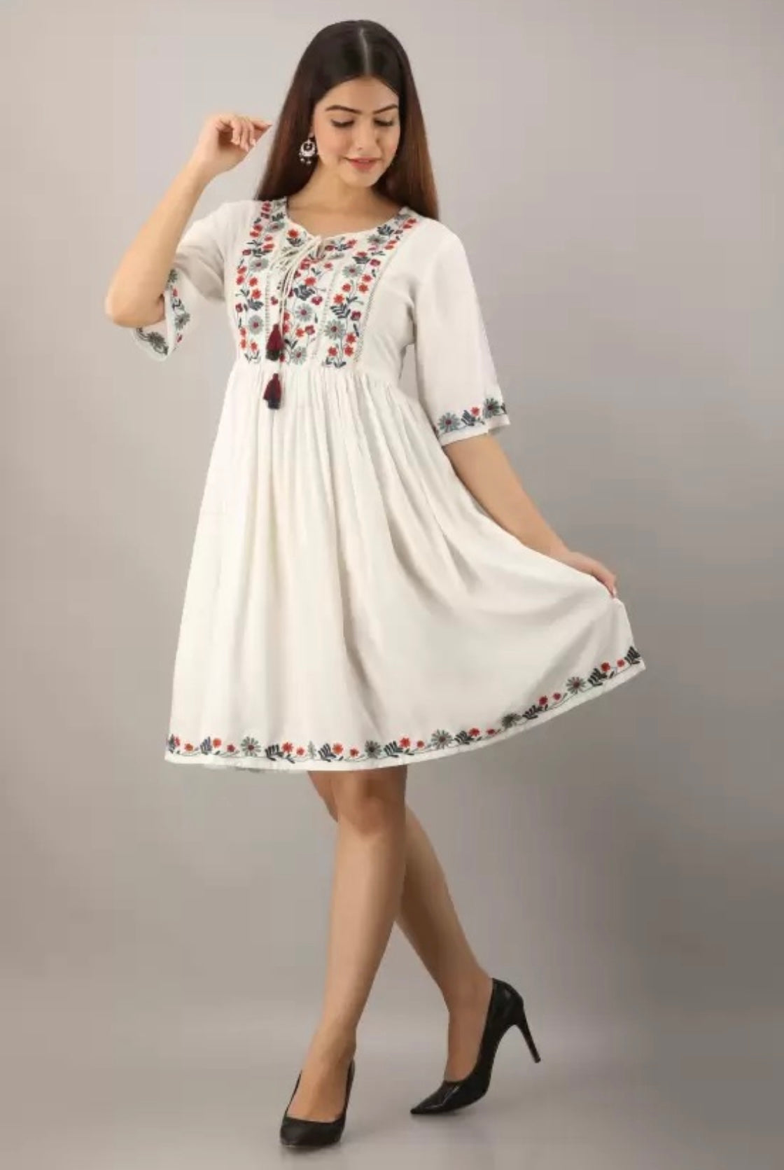 RAY ROBA Women Rayon Embroidered White Colour Dress