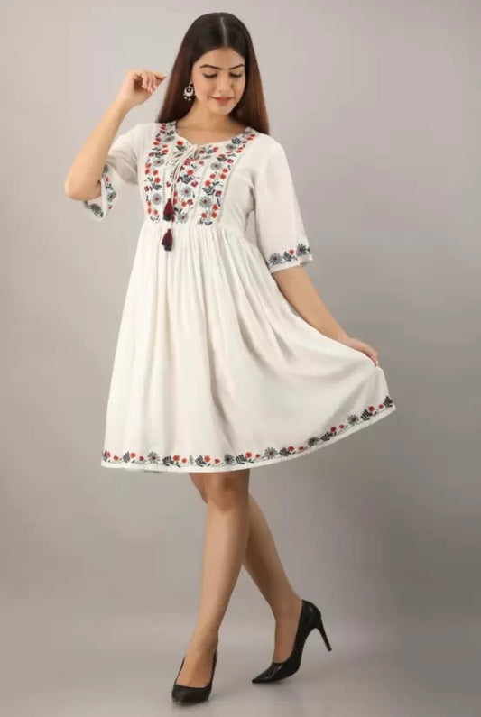 RAY ROBA Women Rayon Embroidered White Colour Dress