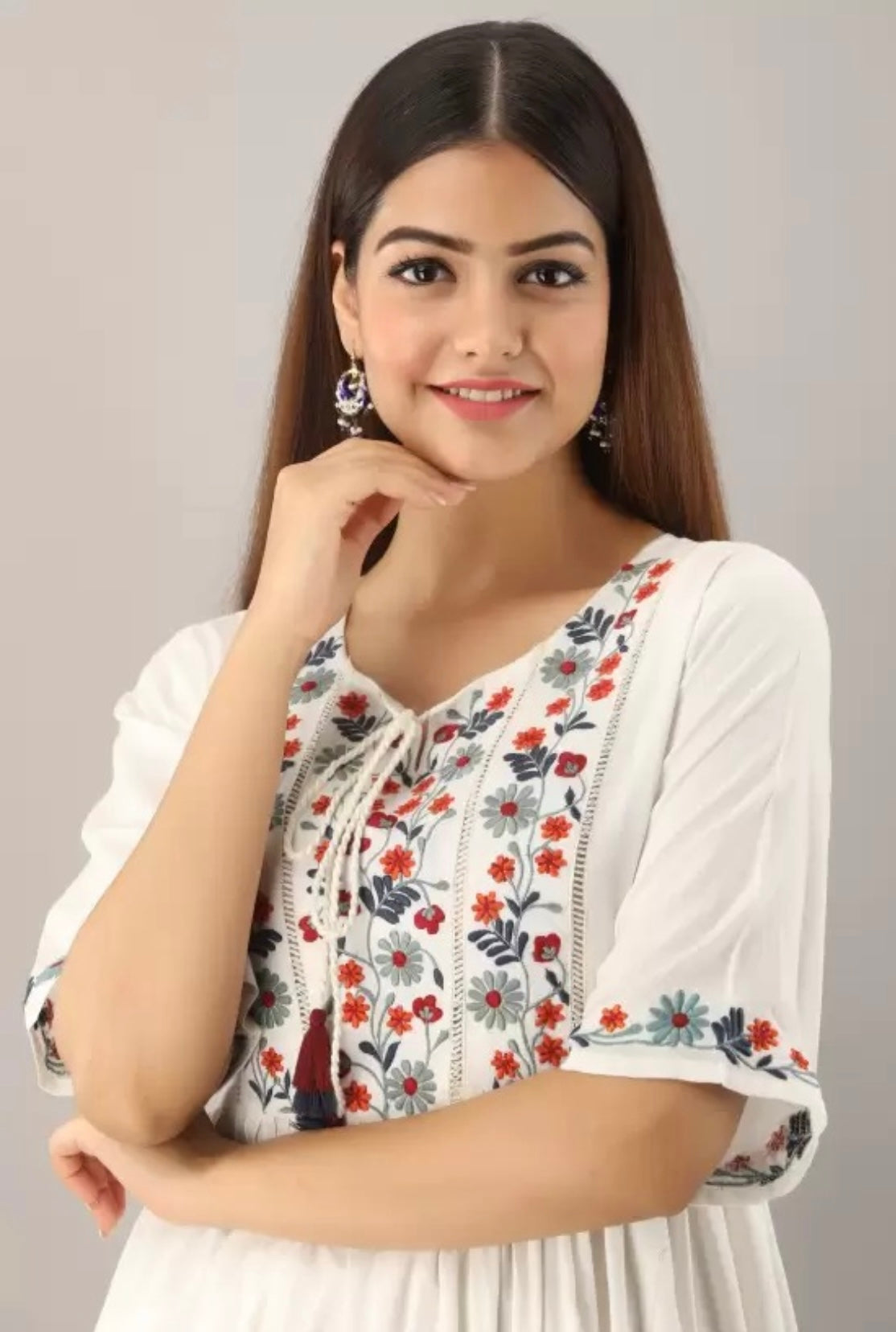 RAY ROBA Women Rayon Embroidered White Colour Dress