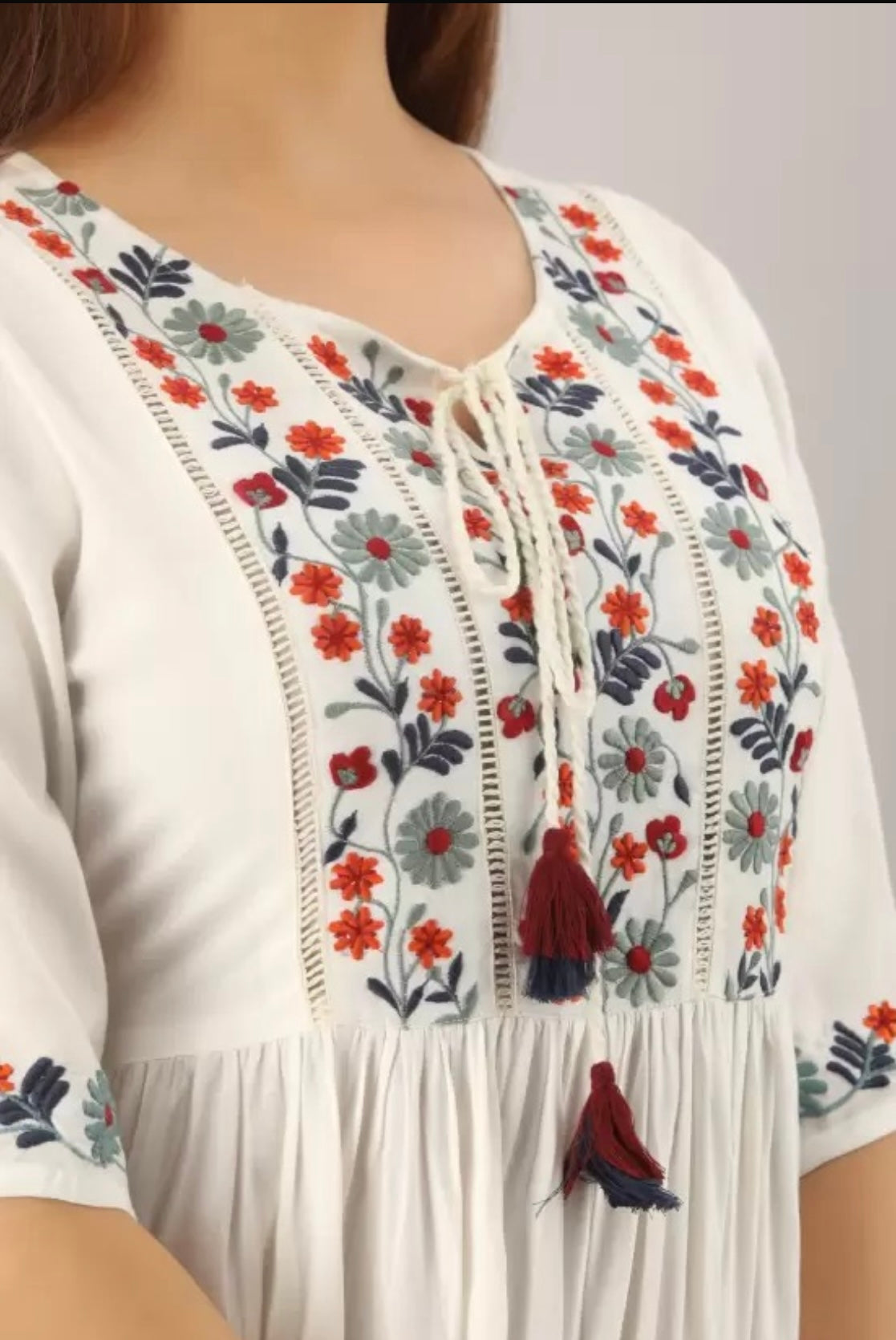 RAY ROBA Women Rayon Embroidered White Colour Dress