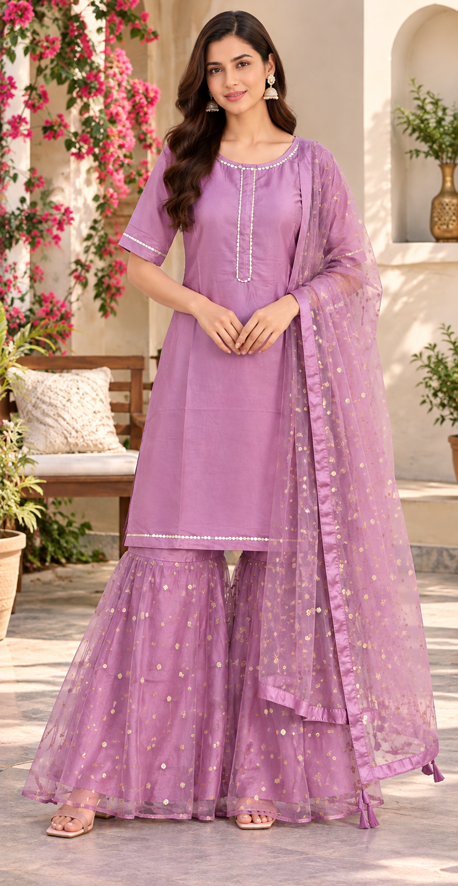 Women Lavender Solid Kurta & Flared Sequin Sharara Set with Net Dupatta