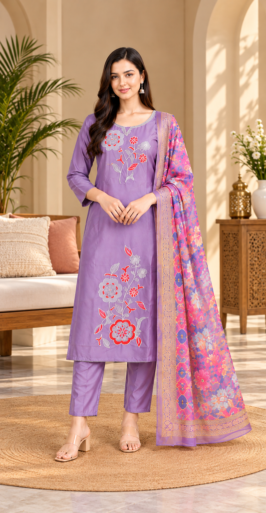 Women Purple Floral Embroidered Kurta & Pant Set with Matching Dupatta