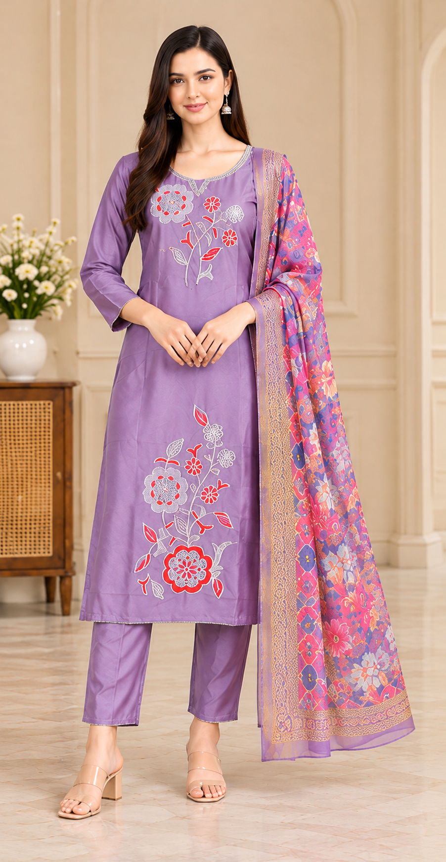 Women Purple Floral Embroidered Kurta & Pant Set with Matching Dupatta