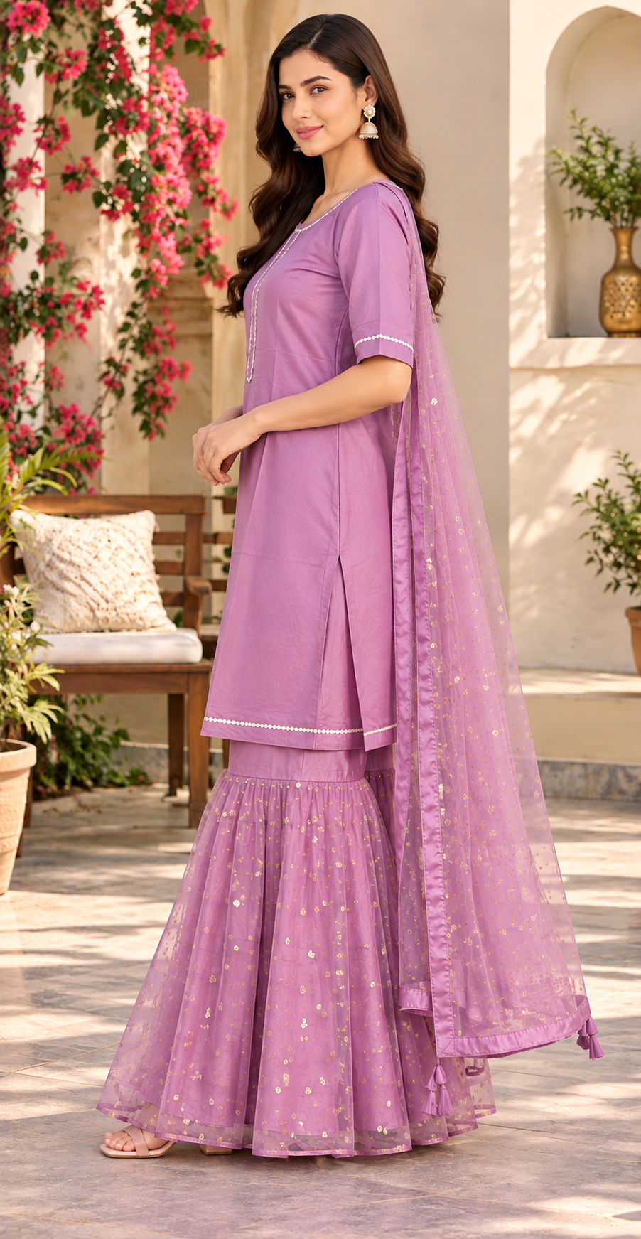 Women Lavender Solid Kurta & Flared Sequin Sharara Set with Net Dupatta
