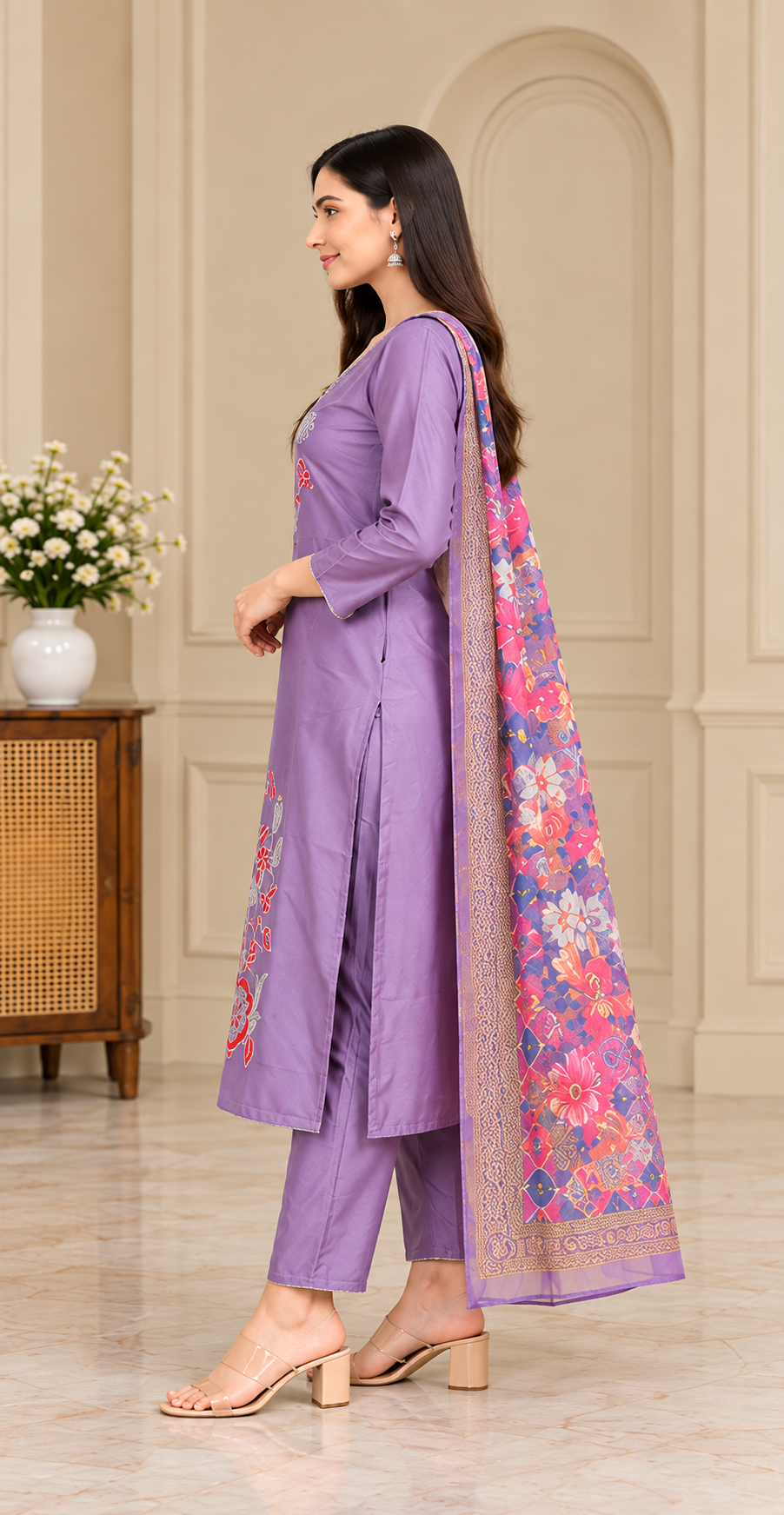 Women Purple Floral Embroidered Kurta & Pant Set with Matching Dupatta