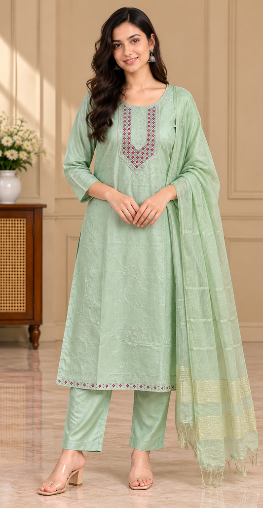Women Elegant Cream Chanderi Silk Chikankari Style Kurta, Pant & Dupatta 3-Piece Set