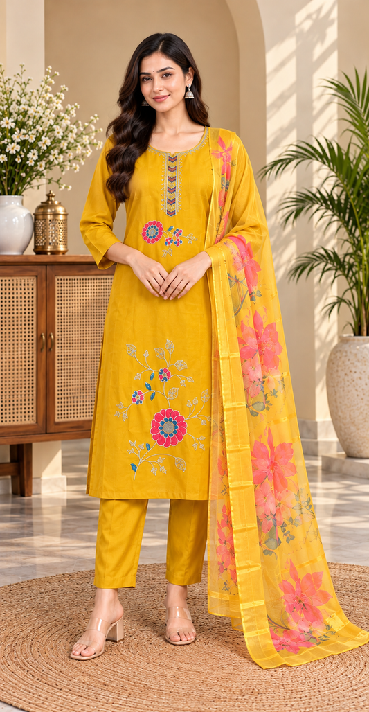 Women Elegant Mustard yellow Vatican Silk Kurta, Pant & Floral Digital Printed Organza Dupatta 3-Piece Set