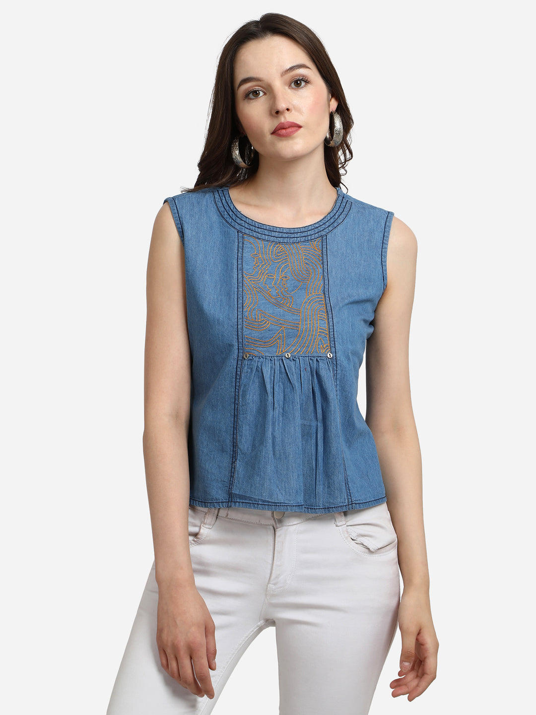 Casual Sleeveless Embroidered Women Blue Denim Top