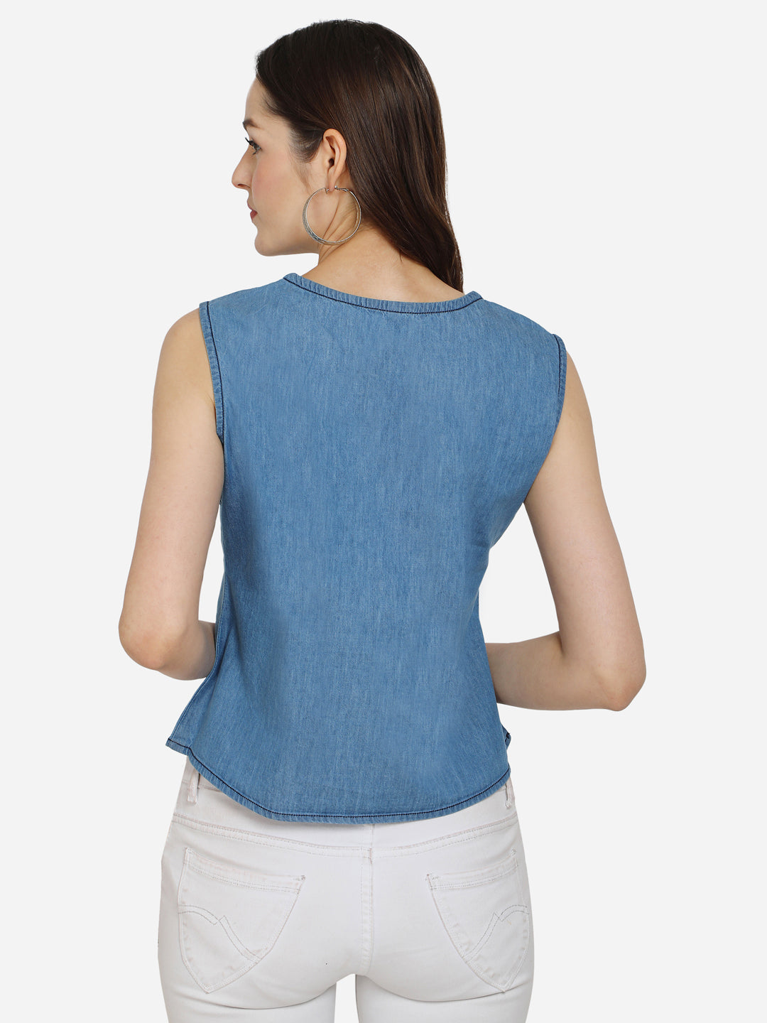 Casual Sleeveless Embroidered Women Blue Denim Top