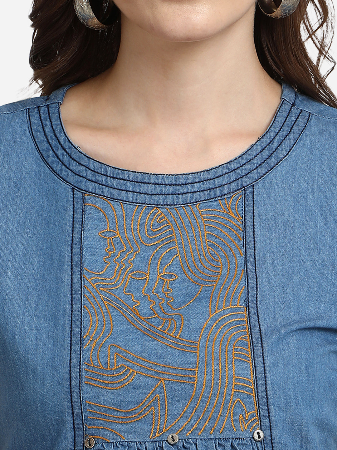 Casual Sleeveless Embroidered Women Blue Denim Top